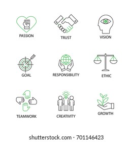 Modern Flat thin line Icon Set in Concept of Business Core Values with word Passion, Trust, Vision, Goal, Responsibility, Ethics, Teamwork, Creativity, Growth. Editable Stroke.