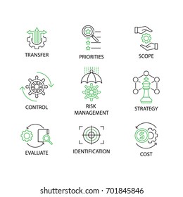 Modern Flat Thin Line Icon Set In Concept Of Risk Management With Word Strategy,Risk Management,Control,Scope,Priorities,Transfer,Cost,Identification,Evaluate. Editable Stroke.