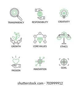 Modern Flat Thin Line Icon Set In Concept Of Business Core Values With Word Transparency,Responsibility,Creativity.Growth,Core Values,Ethics,Passion,Innovation,Goal.Editable Stroke.