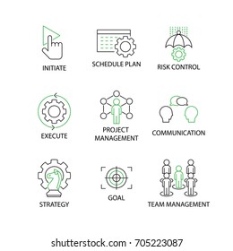 Modern Flat thin line Icon Set in Concept of Project Management with word Initiate,Schedule Plan,Risk Control,Execute,Communication,Strategy,Goal,Team Management. Editable Stroke.