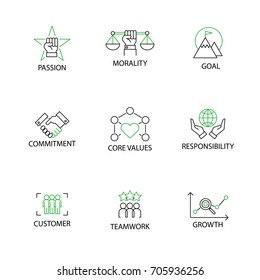 Modern Flat thin line Icon Set in Concept of Business Core Values with word Passion,Morality,Goal,Commitment,Responsibility,Customer,Teamwork,Growth.Editable Stroke.