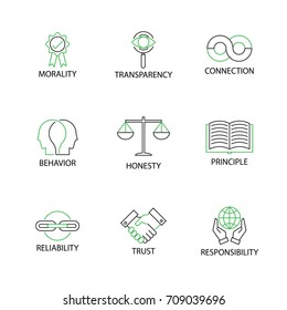 Modern Flat thin line Icon Set in Concept of Business Ethics with word Morality,Transparency,Connection,Behavior,Honesty,Principle,Reliability,Trust,Responsibility.Editable Stroke.