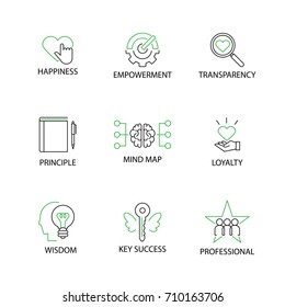 Modern Flat Thin Line Icon Set In Concept Of Business Core Values With Word Happiness,Empowerment,Transparency,Principle, Mind Map,Loyalty,Wisdom,Key Success,Professional.Editable Stroke.