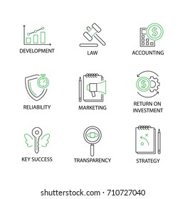 Modern Flat thin line Icon Set in Concept of Business and Management with word Development,Law,Accounting,Reliability,Marketing,Return on Investment,Key Success,Transparency,Strategy. Editable Stroke.