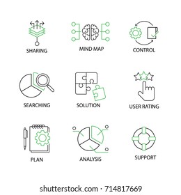 Modern Flat thin line Icon Set in Concept of Business Strategy with Sharing,Mind Map,Control,Searching,Analysis,Solution,User Rating,Plan,Support.Editable Stroke.