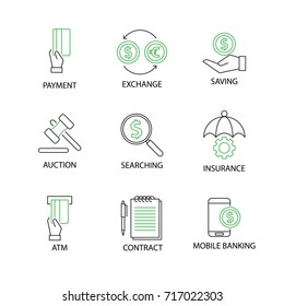 Modern Flat thin line Icon Set in Concept of Business and Management with word Payment,Exchange,Saving,Auction,Searching,Insurance,ATM,Contract,Mobile Banking.Editable Stroke.