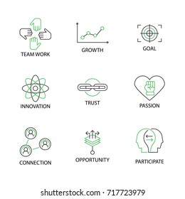 Modern Flat thin line Icon Set in Concept of Business Core Values with word Team Work,Growth,Goal,Innovation,Trust,Passion,Connection,Opportunity,Participate. Editable Stroke.