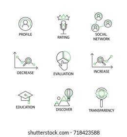 Modern Flat thin line Icon Set in Concept of Business Strategy with Profile, Rating, Social Network, Decrease, Evaluation, Increase, Education, Discover, Transparency. Editable Stroke.