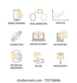 Modern Flat thin line Icon Set in Concept of Digital Marketing with word Mobile Banking,Viral Marketing,Analysis,Connection,Security,Accounting,Return on Investment,Values,Opportunity.Editable Stroke.