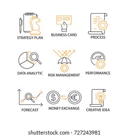 Modern Flat Thin Line Icon Set In Concept Of Digital Marketing With Word Strategy Plan,Business Card,Process,Data Analytic,Risk Management,Performance,Forecast,Exchange,Creative Idea. Editable Stroke.