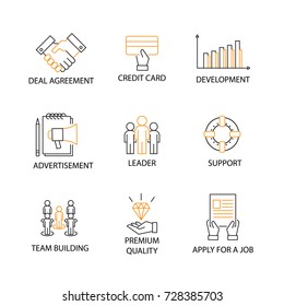 Modern Flat thin line Icon Set in Concept of Marketing with word Deal Agreement, Credit Card, Development, Advertisement, Leader, Support, Team Building, Premium Quality, Apply for a Job. Editable Stroke.