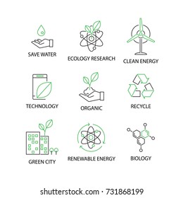 Modern Flat thin line Icon Set in Concept of Ecology with word Save Water,Ecology Research,Clean Energy,Technology,Organic,Recycle,Green City,Renewable Energy,Biology.Editable Stroke.