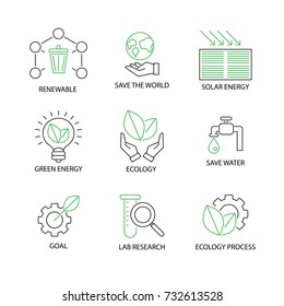 Modern Flat thin line Icon Set in Concept of Ecology with word Renewable,Save the world,Solar Energy,Green Energy,Ecology,Save Water,Goal,Lab Research,Ecology Process.Editable Stroke.