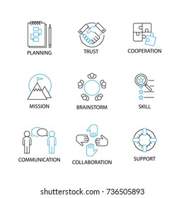 Modern Flat thin line Icon Set in Concept of Team Management with word Planning,Trust,Cooperation,Mission,Brainstorm,Skill,Communication,Collaboration,Support.Editable Stroke.