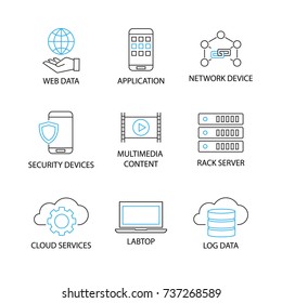 Modern Flat thin line Icon Set in Concept of Information Technology with word Web Data, Application, Network Devices, Devices, Multimedia Content, Rack server, Cloud Service, Labtop, Log. Editable Stroke.
