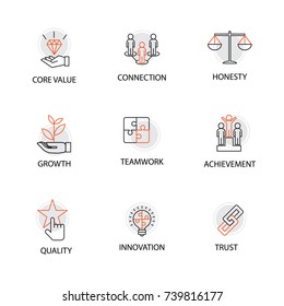 Modern Flat Thin Line Icon Set In Concept Of Business Core Values With Words: Core Value,Connection,Honesty,Growth,Teamwork,Achievement,Quality,Innovation,Trust.Editable Stroke.