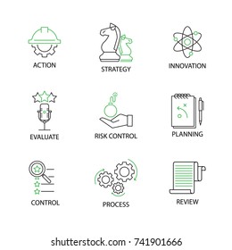 Modern Flat thin line Icon Set in Concept of Risk Management with word Action,Strategy,Innovation,Evaluate,Risk Control,Planning,Control,Process,Review. Editable Stroke.