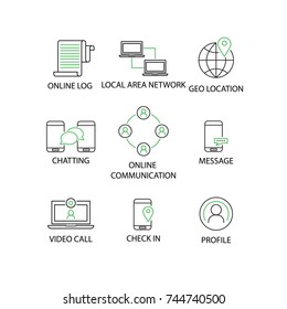 Modern Flat thin line Icon Set in Concept of Information Technology with word Log,Local Area Network,Geo Location,Chatting,Communication,Message,Video call,Check in,Profile. Editable Stroke.