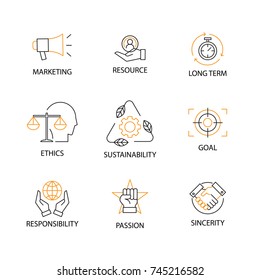 Modern Flat thin line Icon Set in Concept of Corporate Social Responsibility with word Marketing, Resource, Long Term, Ethics, Sustainability, Goal, Responsibility, Passion, Sincerity Editable Stroke.