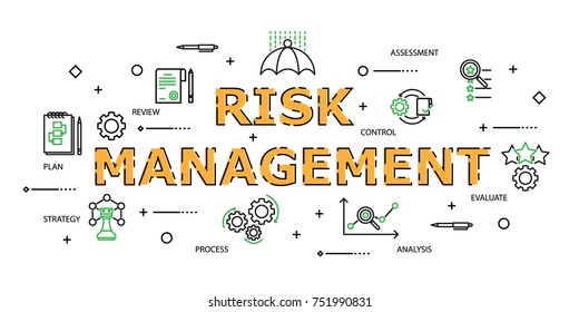 Modern Flat thin line Icon Set in Concept of Risk Management with word Strategy,Risk Management,Assessment,Plan,Review,Evaluate,Analysis,Process. Editable Stroke.