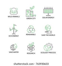 Modern Flat Thin Line Icon Set In Concept Of Ecology With Word Wild Animal,Green City,Solar Energy,Eco Energy,Renewable,Save The World,Save Water,Research,Ecology Process.Editable Stroke.