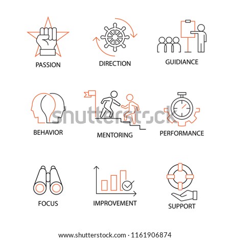 Modern Flat thin line Icon Set in Concept of Mentoring and Coaching with word Passion,Direction,Improvement,Mentoring,Guidance,Behavior,Performance,Focus,Support. Editable Stroke.