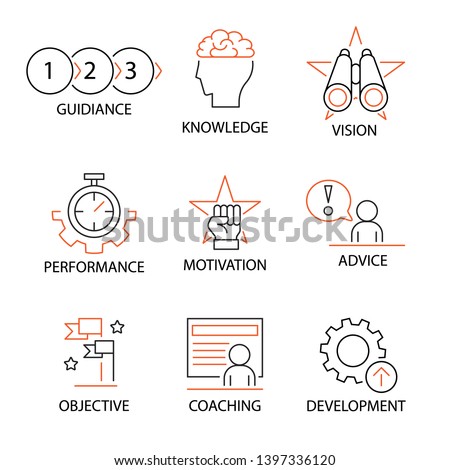 Modern Flat thin line Icon Set in Concept of Mentoring and Coaching with word Guidiance,Knowledge,Vision,Performance,Motivation,Advice,Objective,Coaching,Development. Editable Stroke