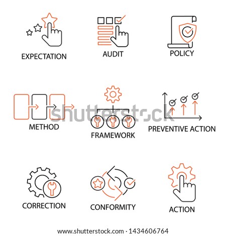 Modern Flat thin line Icon Set in Concept of Quality Management System with word Expectation,Audit,Policy,Method,Framework,Preventive Action,Correction,Conformity,Action. Editable Stroke Foto d'archivio © 