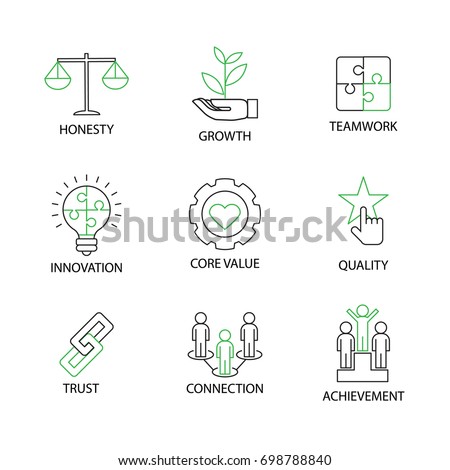 Modern Flat thin line Icon Set in Concept of Business Core Values with word Honesty,Growth,Teamwork,Innovation,Core Value,Quality,Trust,Connection,Achievement.Editable Stroke.