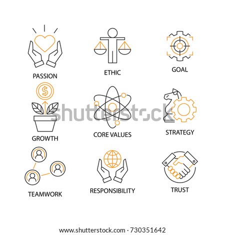 Modern Flat thin line Icon Set in Concept of Business Core Values with word Passion,Ethic,Goal,Growth,Core Value,Strategy,Teamwork,Responsibility,Trust.Editable Stroke.