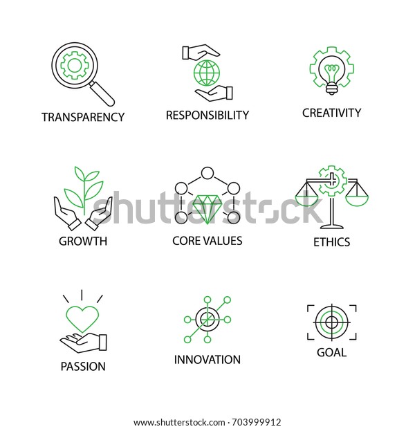Modern Flat thin line Icon Set in Concept of\
Business Core Values with word\
Transparency,Responsibility,Creativity.Growth,Core\
Values,Ethics,Passion,Innovation,Goal.Editable\
Stroke.