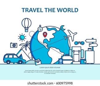 Modern flat thin line monochrome blue design vector illustration, concept of traveling around the world, journey and trip to other countries, for graphic and web design