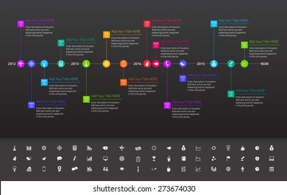 Modern Flat Time Line With Exact Date And Milestones With Icons And Colors Of Rainbow