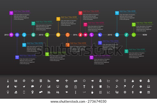 Modern flat time line with exact date and\
milestones with icons and colors of\
rainbow