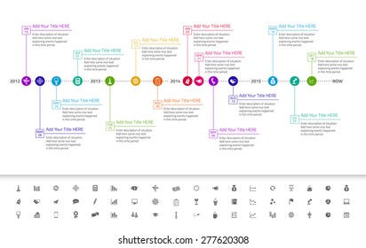 Modern flat timeline with exact date and milestones with icons and rainbow colors