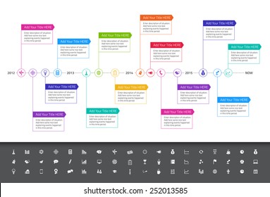 Modern flat timeline with rainbow colors and set of icons