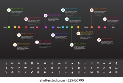 Modern flat timeline with rainbow milestones on dark background