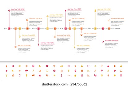 Modern flat timeline with red, orange and yellow milestones and icons