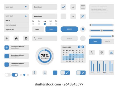 Modern flat UI kit with various blue and white elements including buttons, sliders, and charts	
