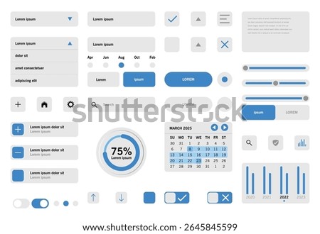 Modern flat UI kit with various blue and white elements including buttons, sliders, and charts	

