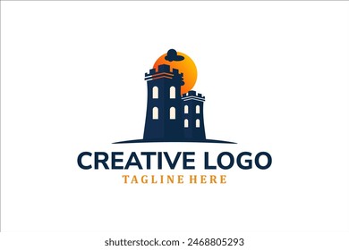 Modern Flat Unique castle logo vintage with sunset background logo template illustration design