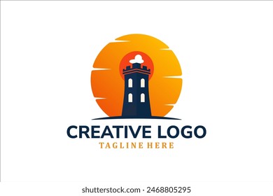 Modern Flat Unique castle logo vintage with sunset background logo template illustration design