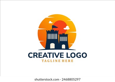 Modern Flat Unique castle logo vintage with sunset background logo template illustration design