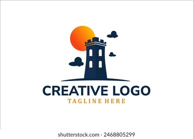 Modern Flat Unique castle logo vintage with sunset background logo template illustration design