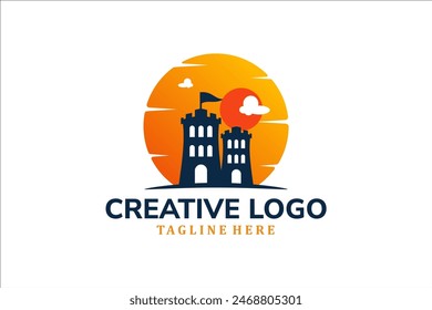 Modern Flat Unique castle logo vintage with sunset background logo template illustration design