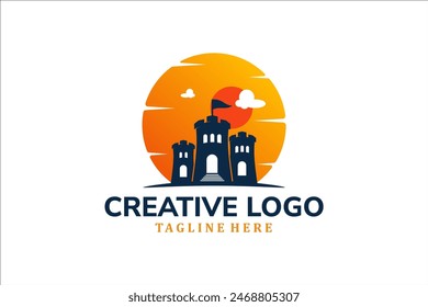 Modern Flat Unique castle logo vintage with sunset background logo template illustration design