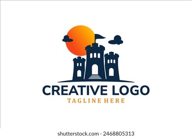 Modern Flat Unique castle logo vintage with sunset background logo template illustration design