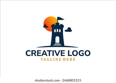 Diseño de ilustración de Plantilla de logotipo de castillo único vintage con fondo de atardecer