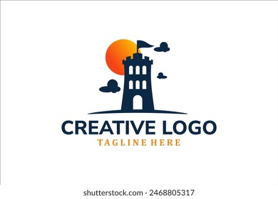 Modern Flat Unique castle logo vintage with sunset background logo template illustration design