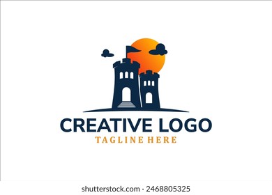 Modern Flat Unique Schloss Logo Vintage mit Sonnenuntergang Hintergrund Logo Vorlage Illustration Design
